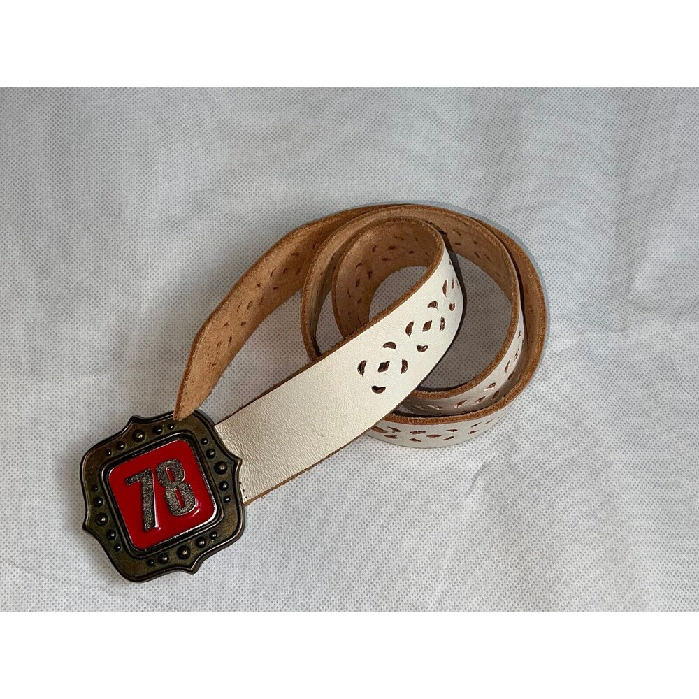 Itsus Vintage 78 Red Enamel Buckle White Punched Out Leather Belt Size 30